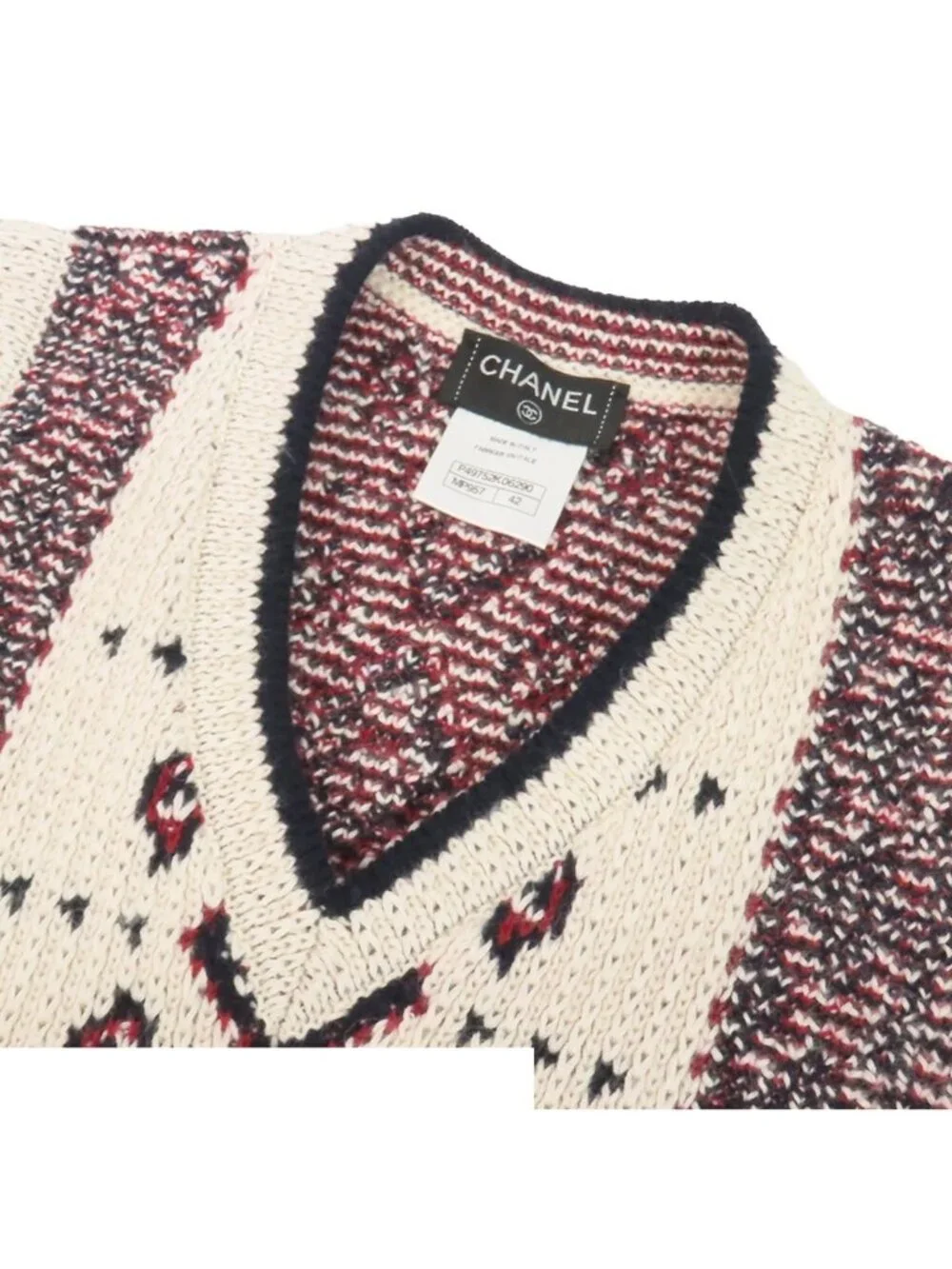 Chanel Knit Dress Navy Ivory Red Alpaca Wool Cashmere Sleeveless Neck 42